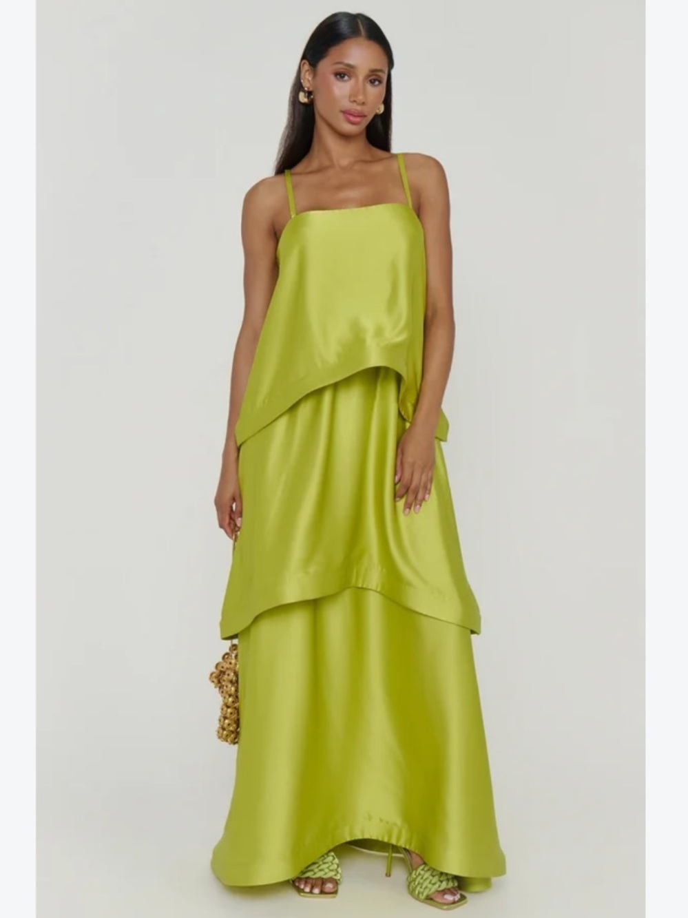 Show Me Your Mumu Ella Tiered Layered Maxi Dress in Chartreuse Luxe Satin Green